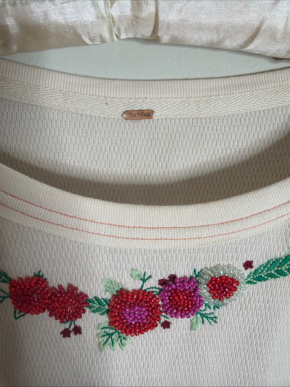 Free People Carter Embellished Beaded Floral Romantic Long Sleeve Thermal Top M - Picture 5 of 10